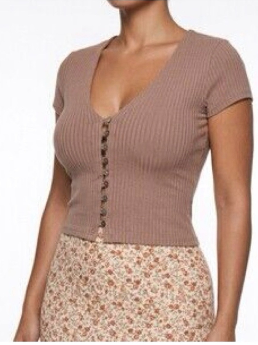 Reformation Brown Ribbed Button-Front Short Sleeve Top